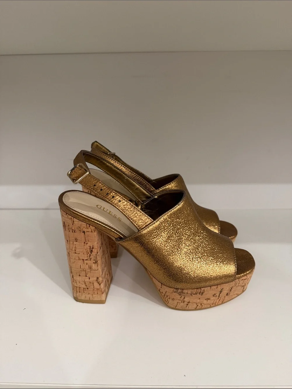 GUESS Metallic Bronze Open-Toe Cork Wedge Sandals